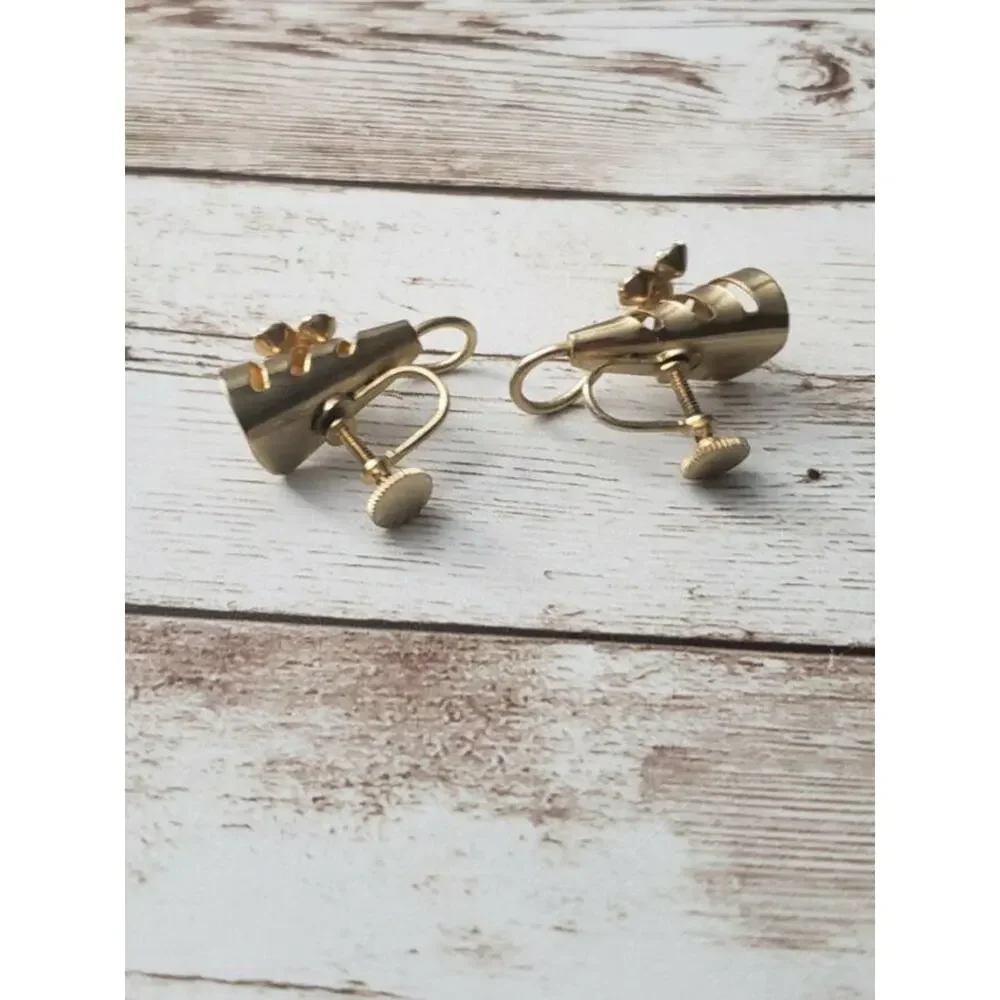 Vintage Screw On / Screw Back Earrings Fancy Gold Tone with Clear Gem Trio